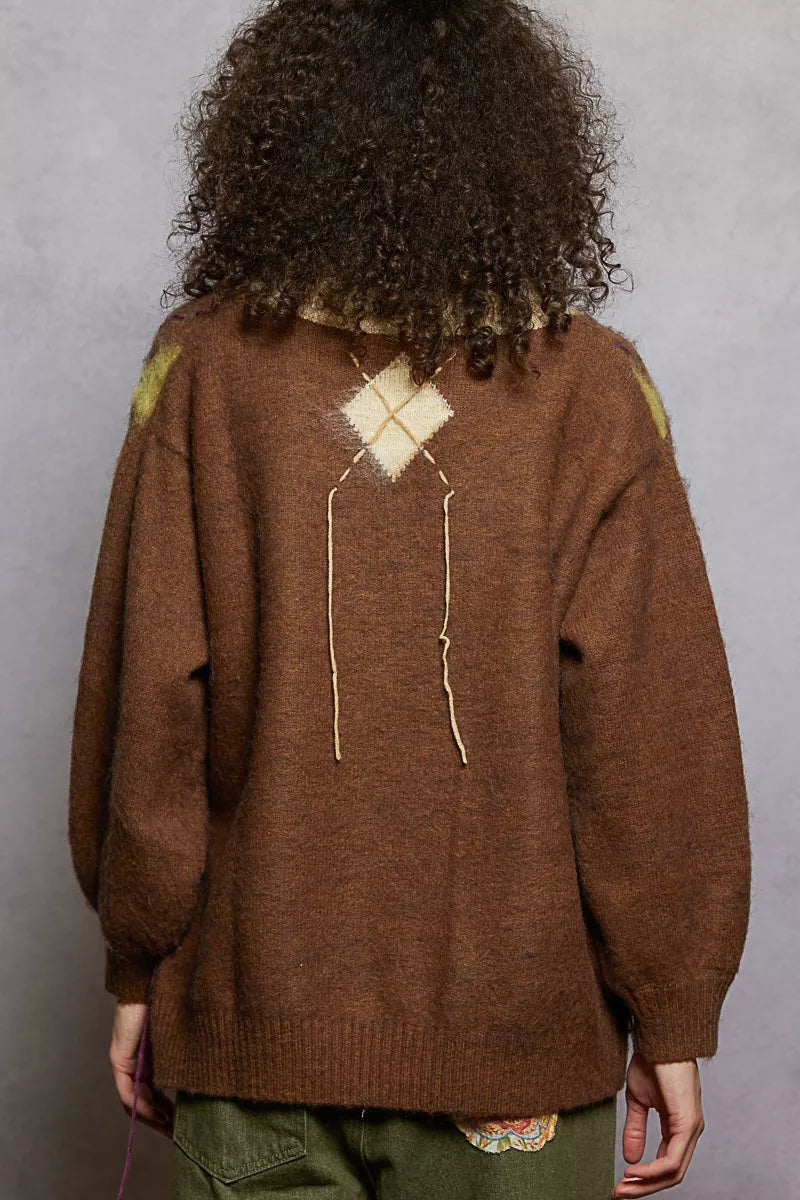 POL Sweater V-Neck Mocha Argyle Pattern Mohair with Contrast Exposed Stitch c79fea91-3d03-4a83-b41d-d95636c39700-Max-Origin Trendsi