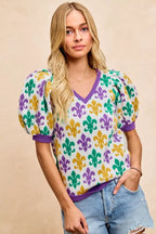 BiBi Women V Neck Knit Top Mardi Gras Fleur De Lis Patterned Short Sleeve IVORY c7a4eb359c844503a1d1b866acb28c97-Max-Origin Trendsi