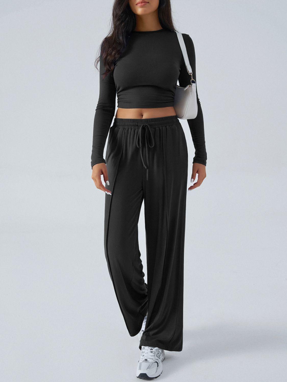 Devine Outfit Set Round Neck Long Sleeve Top and Pants Set Black c7a51594-ab9d-43de-bcd5-f407c7085488-Max Trendsi