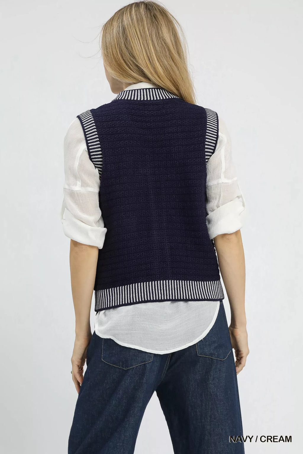 Umgee Womens Sweater Vest Navy Cream Contrast Striped Trim Knit Top c7a7c14d-c7ed-4a26-92c4-1a44428c7e79-Max-Origin Trendsi