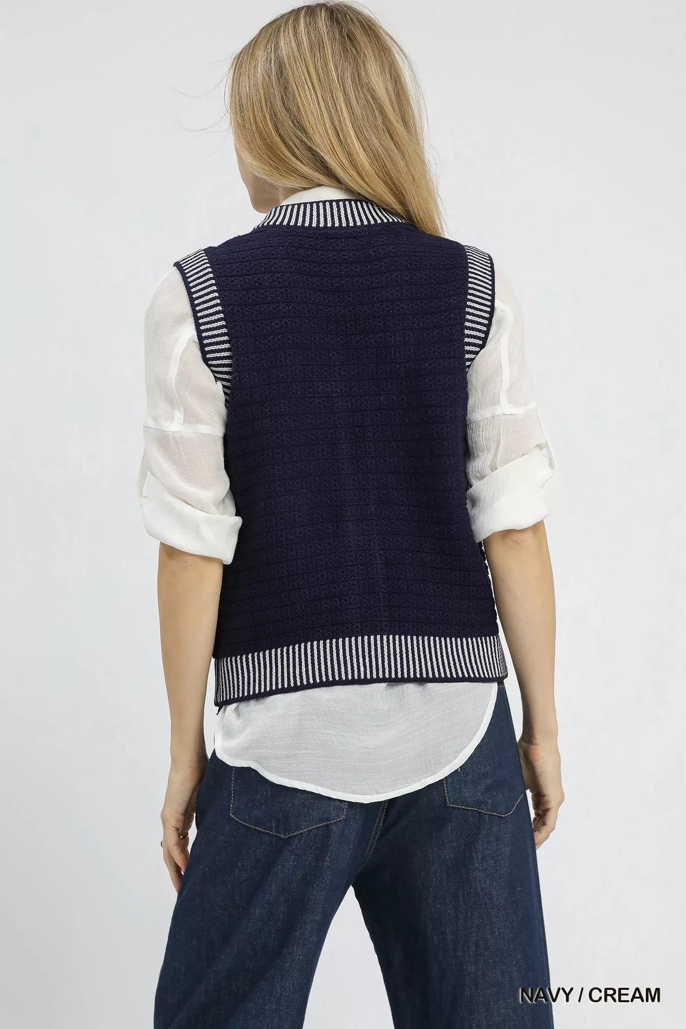Umgee Womens Sweater Vest Navy Cream Contrast Striped Trim Knit Top c7a7c14d-c7ed-4a26-92c4-1a44428c7e79-Max-Origin Trendsi