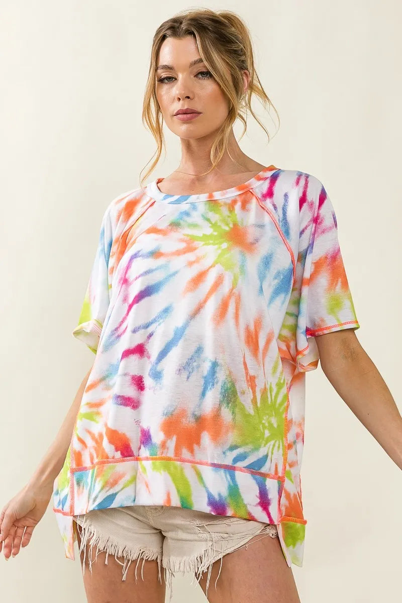 BiBi T-shirt Cotton Tie Dye Print Jersey Stitched Uneven Hem Top c7ab91d0bdaa4e2ea5b0260a80af9996-Max-Origin Trendsi