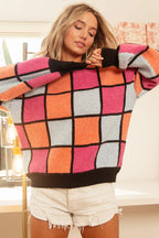 BiBi Women's Sweater Checker Orange Red Multi Color Pattern Oversized c7b03155f5e54834bc5719ecd8e17a23-Max-Origin Trendsi