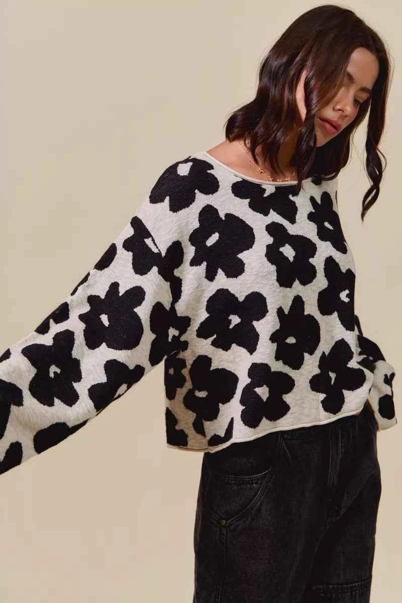 SO ME Women Sweater Floral Black Loose Fit Flower Lightweight Knit Top c7b548da0bc54a848ef0b40b4af50aa0-Max-Origin Trendsi