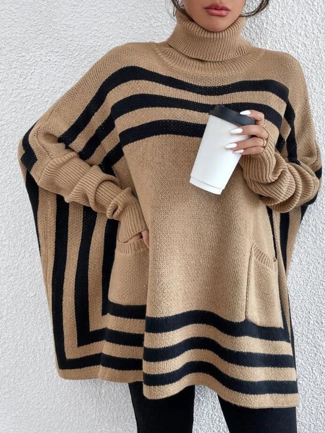 Women Sweater Striped Turtleneck Batwing Long Sleeve with Pockets Oversize c7ba6207-31ff-4bf0-95f7-199069ed48d3-Max Trendsi