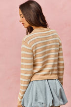 SO ME Women Sweater Cardigan Stripe White Beige Long Sleeves Buttoned c7be73b5886748dbb61059b8a1417563-Max-Origin Trendsi