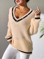 Sweater Beaded Contrast Trim V-Neck Long Sleeve Knitwear Tan c7c7d332-ce77-469b-a118-c34c3ef329ff-Max Trendsi