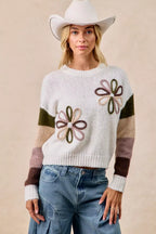 BiBi Flower Women's Sweater Color Block Ivory Brown Knit Pullover c7d2d13d305f4966baf8cac2d06d4f19-Max-Origin Trendsi