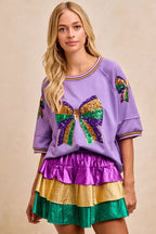 BiBi Womens Blouse Lavender Sequin Patched Ribbon Mardi Gras Theme Top LAVENDER c7d2f0e0d3fa40818654c139a65d2258-Max-Origin Trendsi