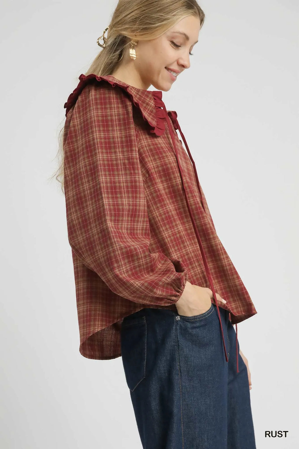 Umgee Women's Blouse Rusty Plaid Ruffle Collar Long Sleeve Top c7d34829-ae02-4dac-9a86-c26c45fad9e9-Max-Origin Trendsi
