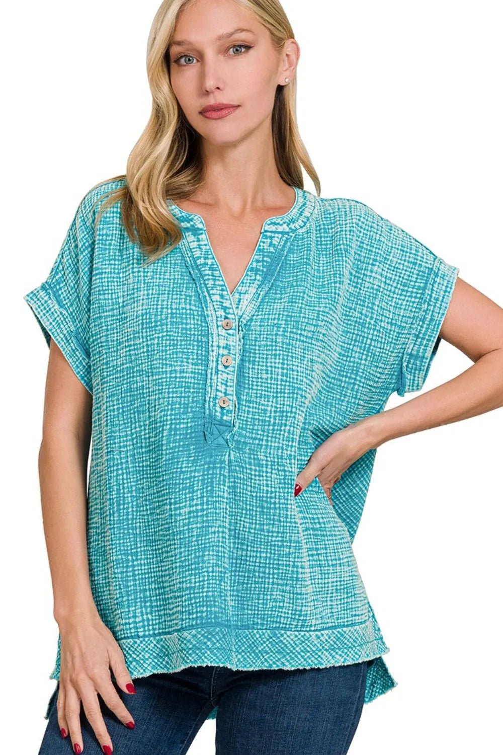 Zenana T-shirt Light Teal Washed Double Gauze 3/4 Button Henley Neck Shirt Top LT TEAL c7d90bcb-849f-4bac-a555-b5f8fd2b11ce-Max-Origin Trendsi