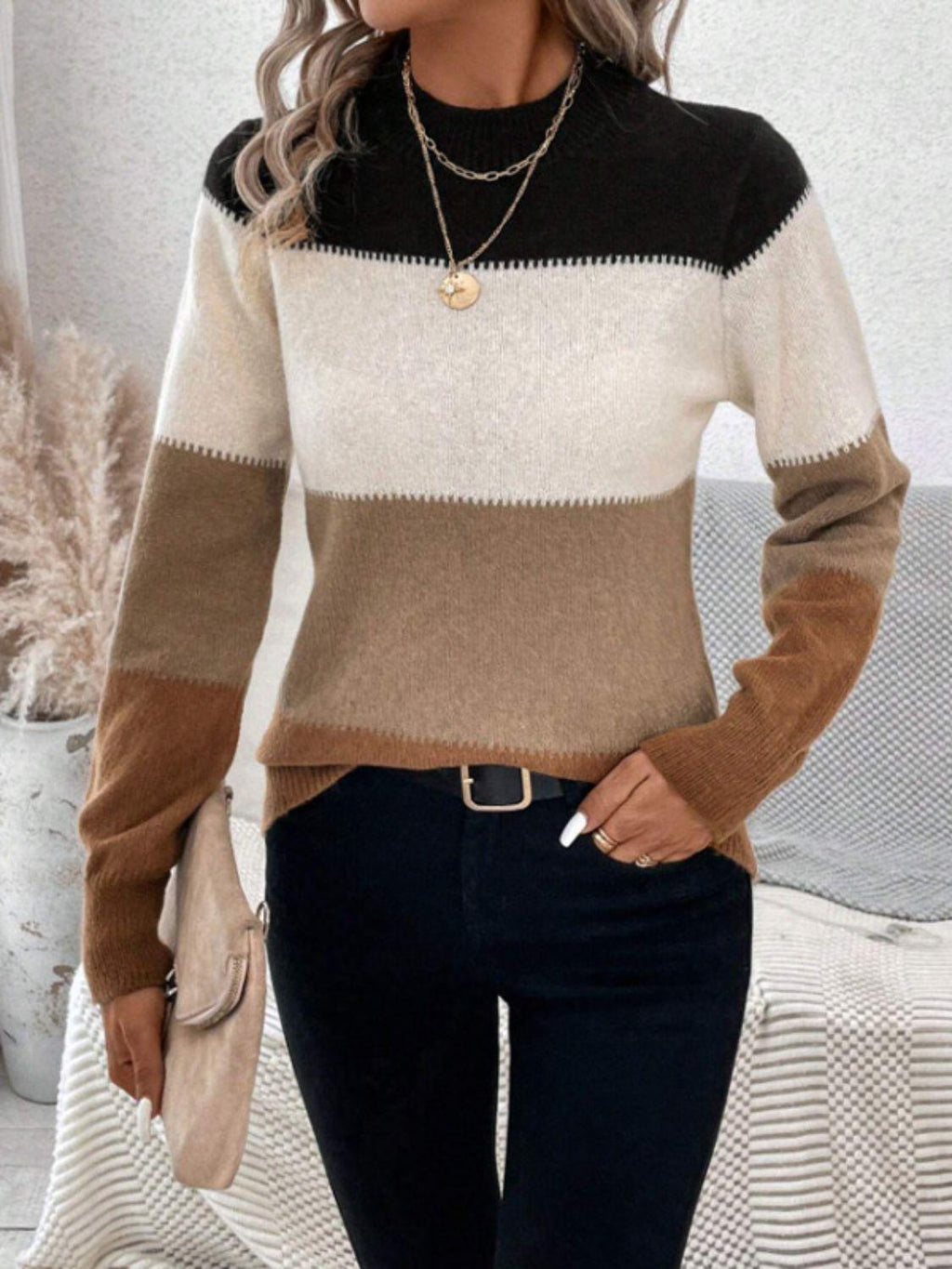 Striped Sweater Color Block Mock Neck Long Sleeve Soft Knitwear c7de00b6-4ed6-468a-8a1f-7745c820eb51-Max Trendsi