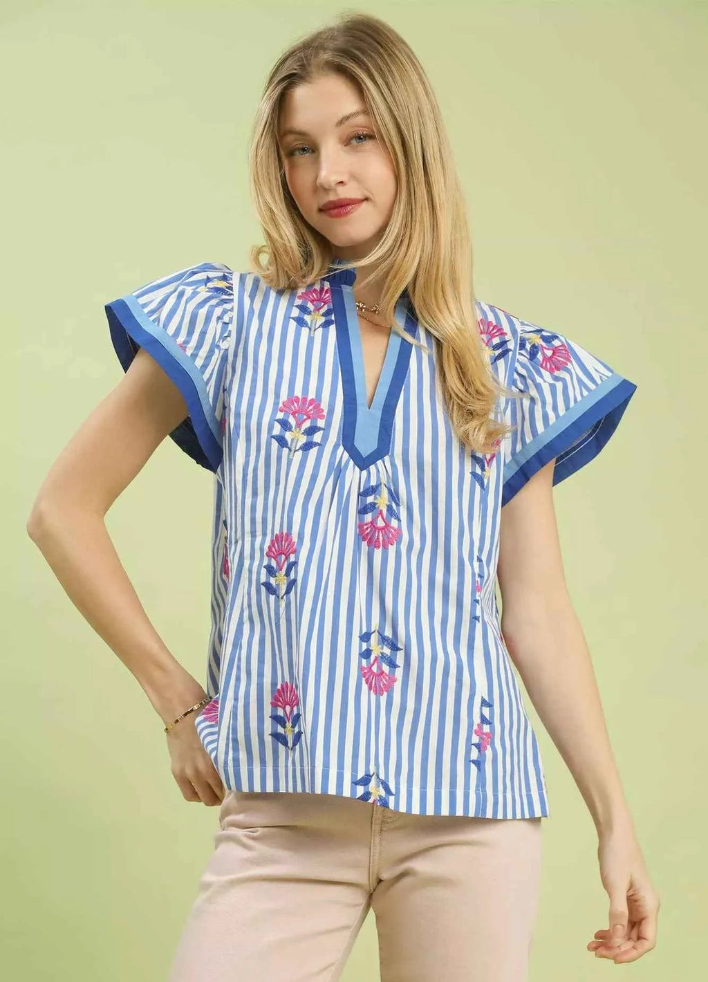 Umgee Blouse Blue Striped Floral Embroidered Flutter Short Sleeve Top BLUE c7e7382e-d111-497d-b048-9b5ec1fb76b9-Max-Origin Trendsi