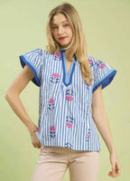 Umgee Blouse Blue Striped Floral Embroidered Flutter Short Sleeve Top BLUE c7e7382e-d111-497d-b048-9b5ec1fb76b9-Max-Origin Trendsi