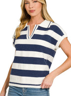 Zenana Striped Short Sleeve Sweater with Collar