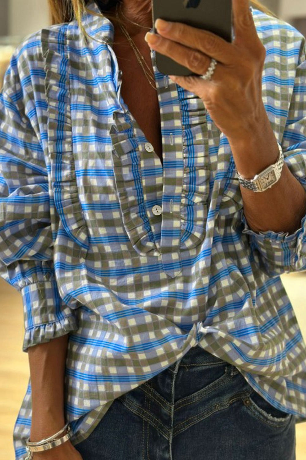 Plaid Long Sleeve Frilled Detail Half Button Blouse