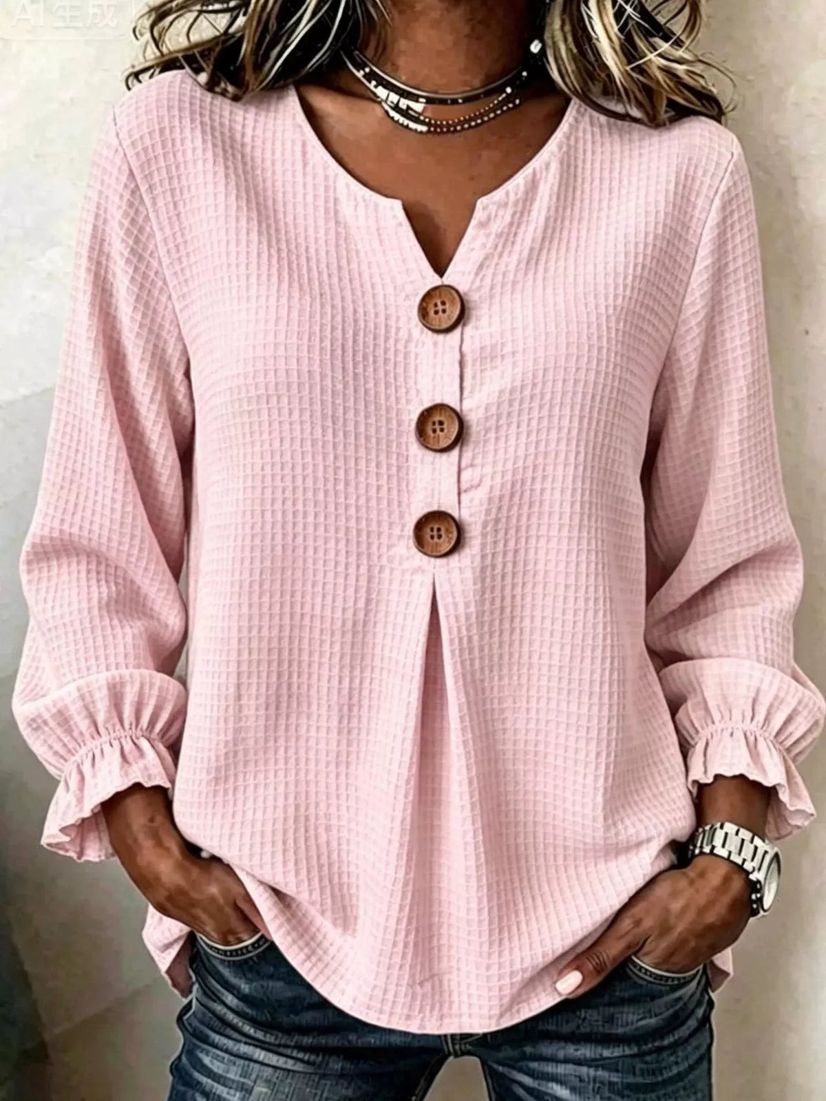 Rosa Waffelstrick-Bluse mit flatternden Ärmeln und lockerer Silhouette
