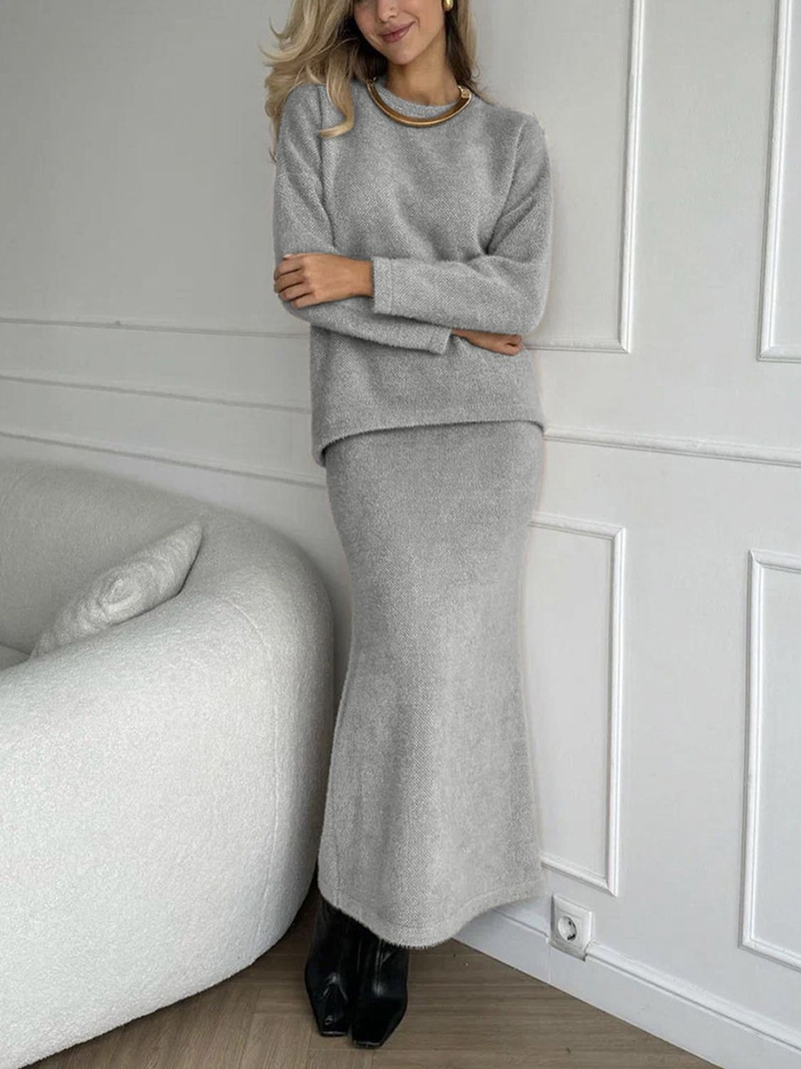 Women Sweater Set and Midi Skirt Knit 2 Pcs Soft Acrylic Long Sleeve Outfit Set Gray One Size c80cf721-43bc-44a9-b821-7f81140361d8-Max Trendsi