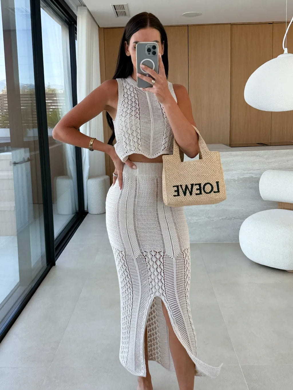 Crop Top and Slit Skirt Outfit Set Openwork Knit Round Neck Summer 2 Pcs c80f7f6b-79df-497a-aa47-bac1f6799050-Max-Origin Trendsi