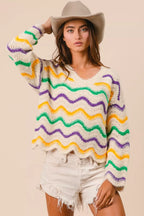 BiBi Womens Sweater Mardi Gras Wavy Stripes V-Neck Open Knit Pullover c8180e801be44b16a31cc5312e291b9e-Max-Origin Trendsi