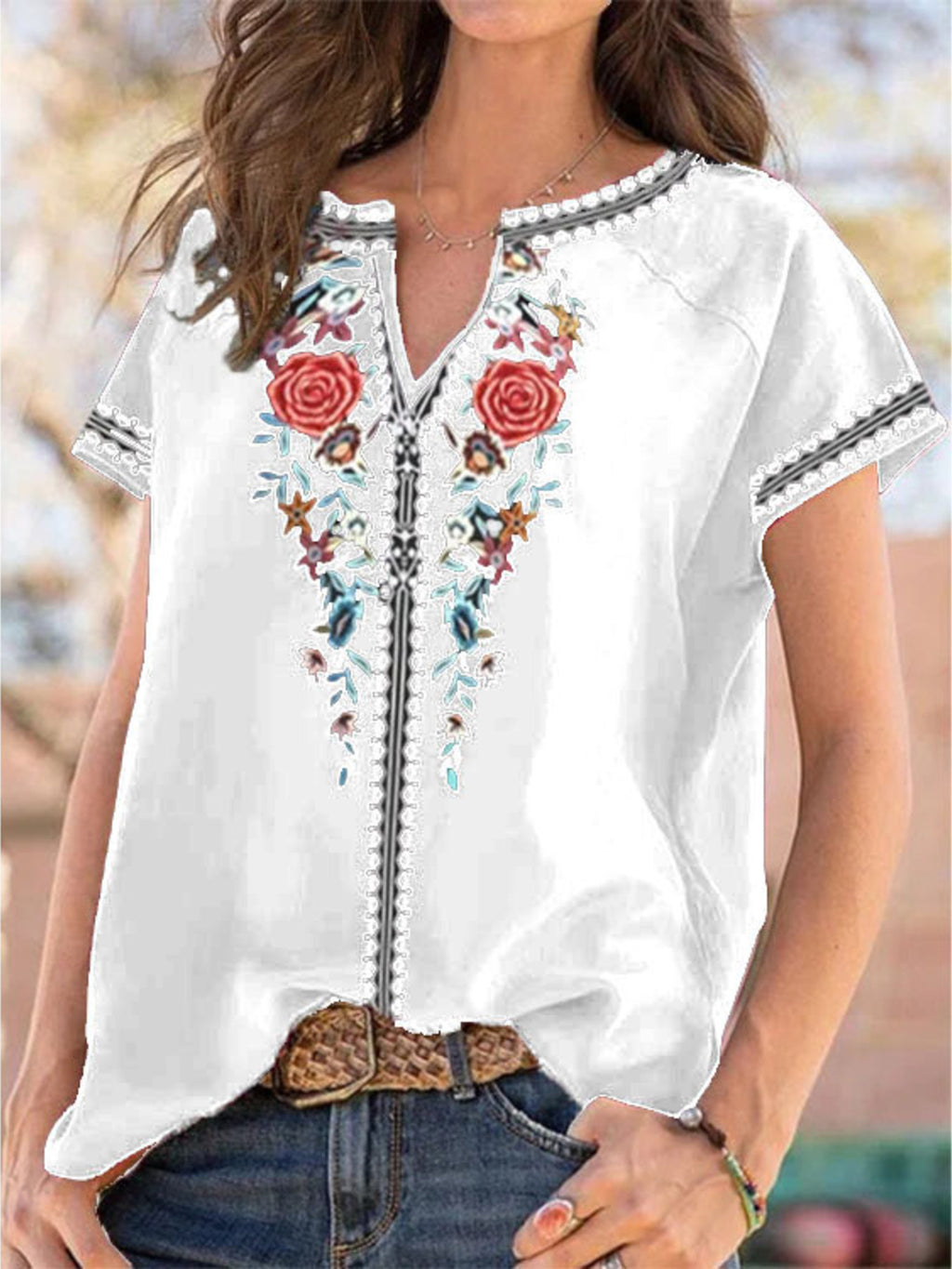 Plus Size Full-Length Floral Notched Short Sleeve Blouse