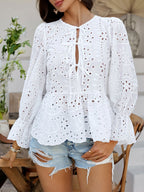 Crochet Blouse Ruffle Tie Front Flounce Long Sleeve Peplum Cut Out Embroidered c81ff4f1-1e53-4984-9f43-fbefab07713b-Max Trendsi