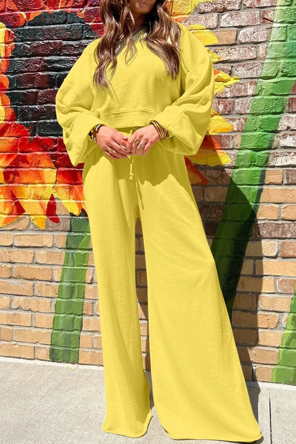 Women's Outfit Set Yellow Round Neck Long Sleeve Sweatshirt and Pants 2 Pcs c821ffa8-9ebb-4489-a2bf-0b20af78d090-Max-Origin Trendsi