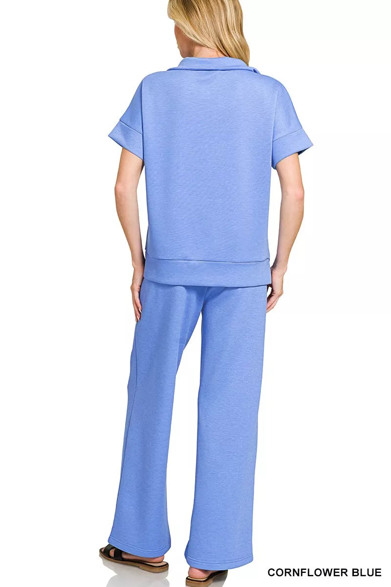 Zenana Outfit Set Blue Scuba High Neck Half Zip Short Sleeve Top & Pants c82a3d54830b4599b682bf55c72f0694-Max-Origin Trendsi