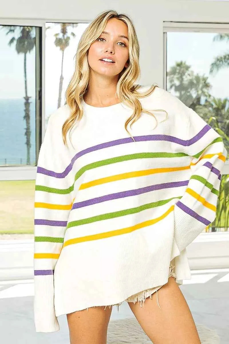 BiBi Women Sweater Ivory Multi Stripe Mardi Gras Ribbed Hem Knit Top IVORY MULTI c8347ebdadf24ca880d67ebea426e63a-Max-Origin Trendsi