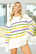 BiBi Women Sweater Ivory Multi Stripe Mardi Gras Ribbed Hem Knit Top IVORY MULTI c8347ebdadf24ca880d67ebea426e63a-Max-Origin Trendsi
