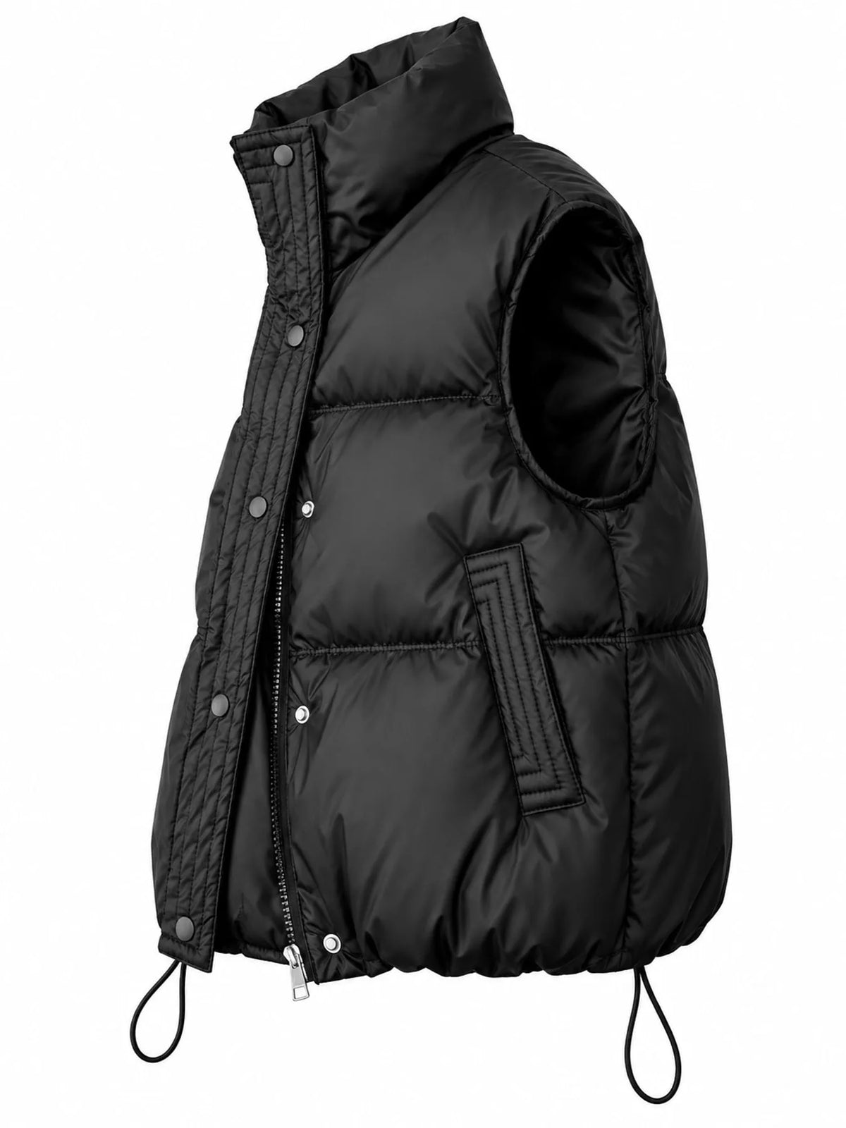 Side profile of black sleeveless coat highlighting armhole depth and pockets