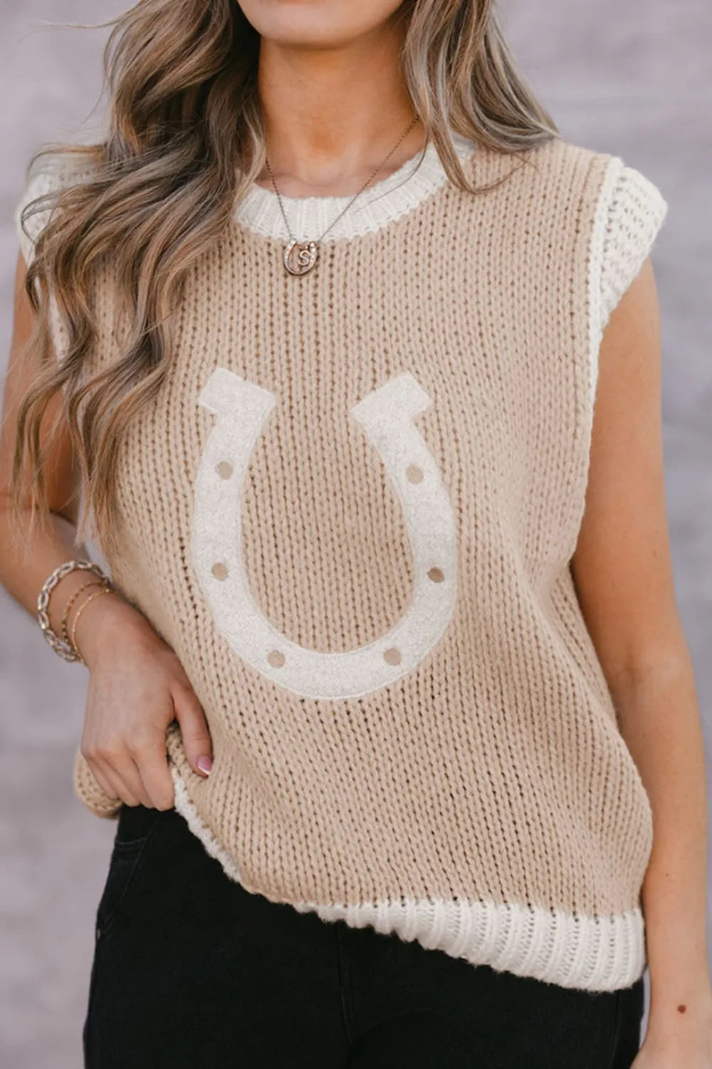 Knit Top Sleeveless Round Neck Horseshoe Contrast Sweater Vest Beige c83a84c8-9a00-495b-99e4-955ba57862b7-Max-Origin Trendsi