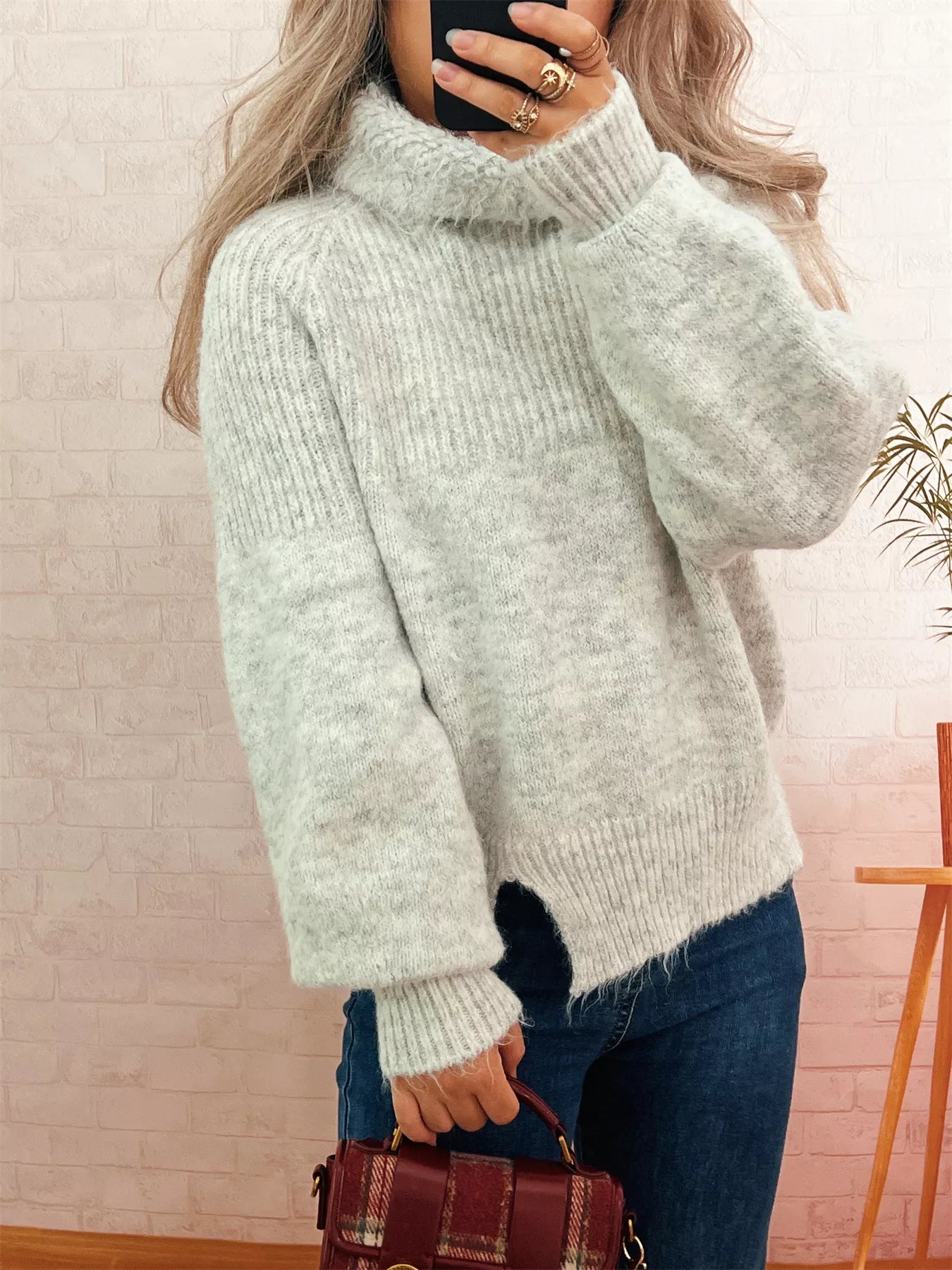 Women's Sweater Ribbed Knit Turtleneck Long Sleeve Pullover c841e680ffc54459b08e1f09357507e9-Max-Origin Trendsi