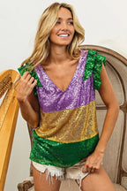 BiBi Womens Blouse Mardi Gras Sequin Color Block Ruffled Top Short Sleeve c84595f3345b4f7d8a4be6e91947fe82-Max-Origin Trendsi