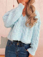 Women's Cardigan Cable Knit Button-Up Soft Knit Acrylic Long Sleeve Sky Blue One Size c846e6ae357c4288aa372406b0869ba0-Max-Origin Trendsi
