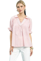 Umgee Pinstripe V-Neck Blouse with Ruffle Sleeves