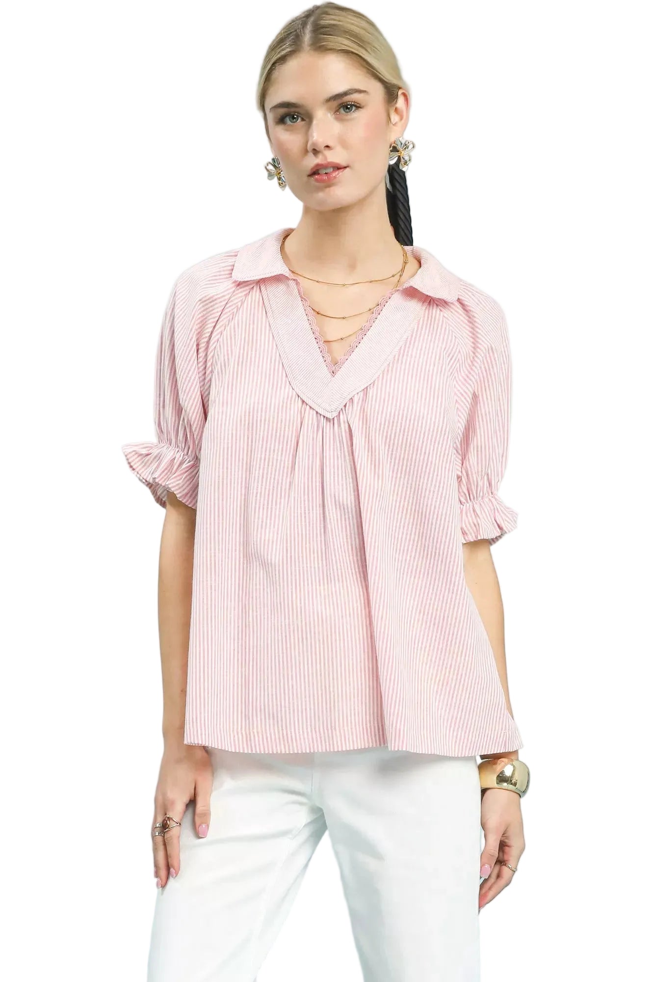 Umgee Pinstripe V-Neck Blouse with Ruffle Sleeves