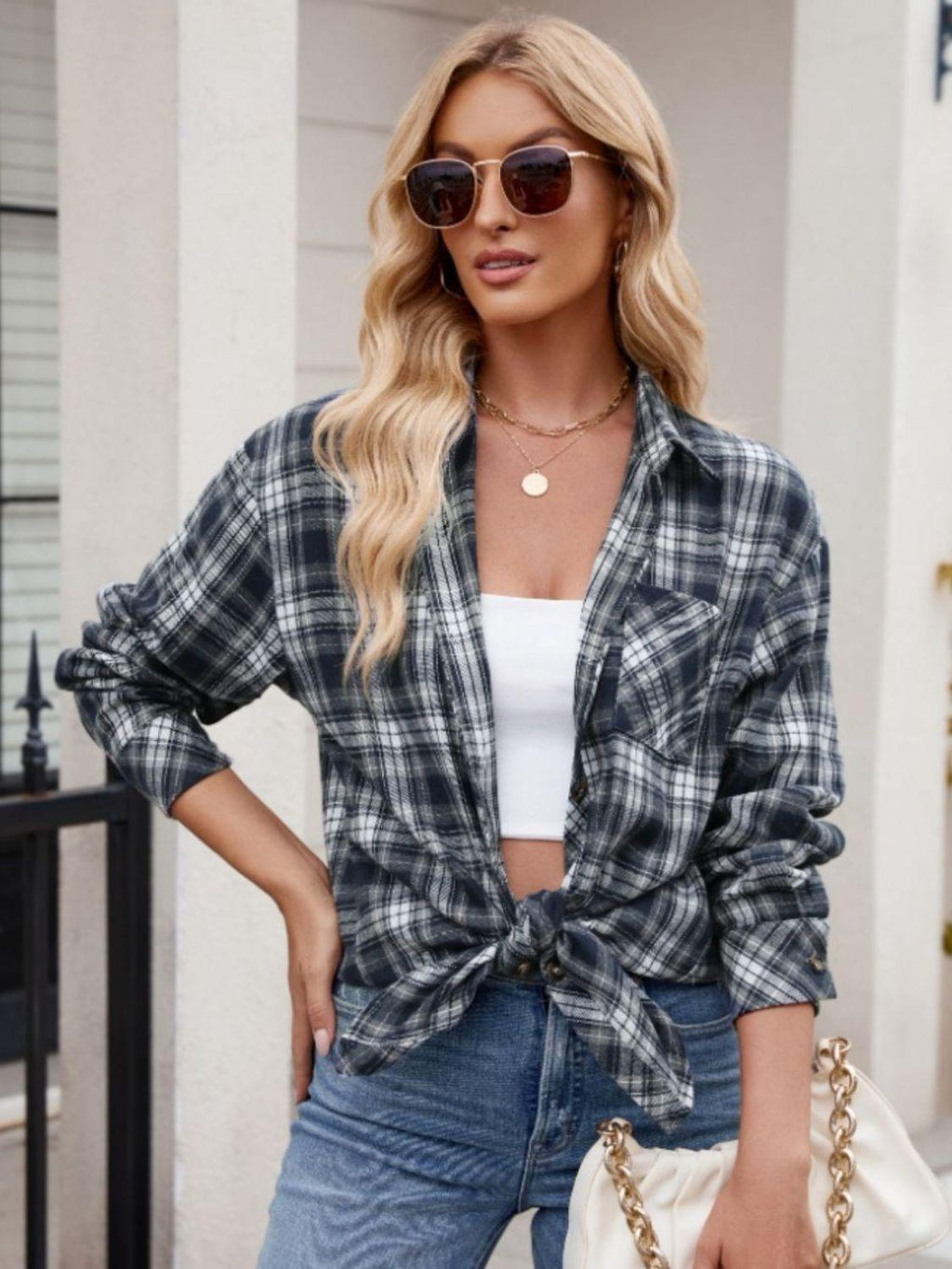 Pocketed Plaid Shirt Collared Neck Long Sleeve Button up c849631e-2d10-4e07-9d77-fe530f5cb3cc-Max Trendsi