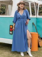 Plus Size Ruched Midi Dress with Slit and Three-Quarter Sleeves