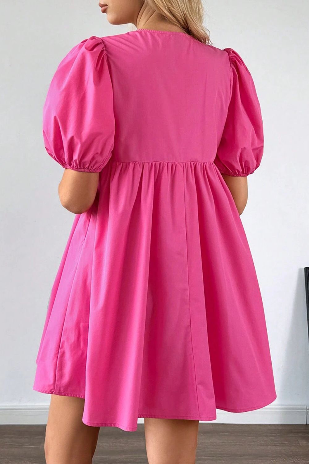 Mini Dress Hot Pink Puff Short Sleeve Bow Tie Front High Waisted c862f5b5-3dbf-46a9-b051-84bb513d4ee7-Max Trendsi