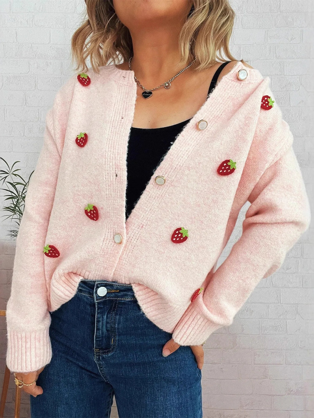 Women's Cardigan Strawberry Button Up Long Sleeve Soft Knit c87131e07ac84c30ab7cf969413393df-Max-Origin Trendsi