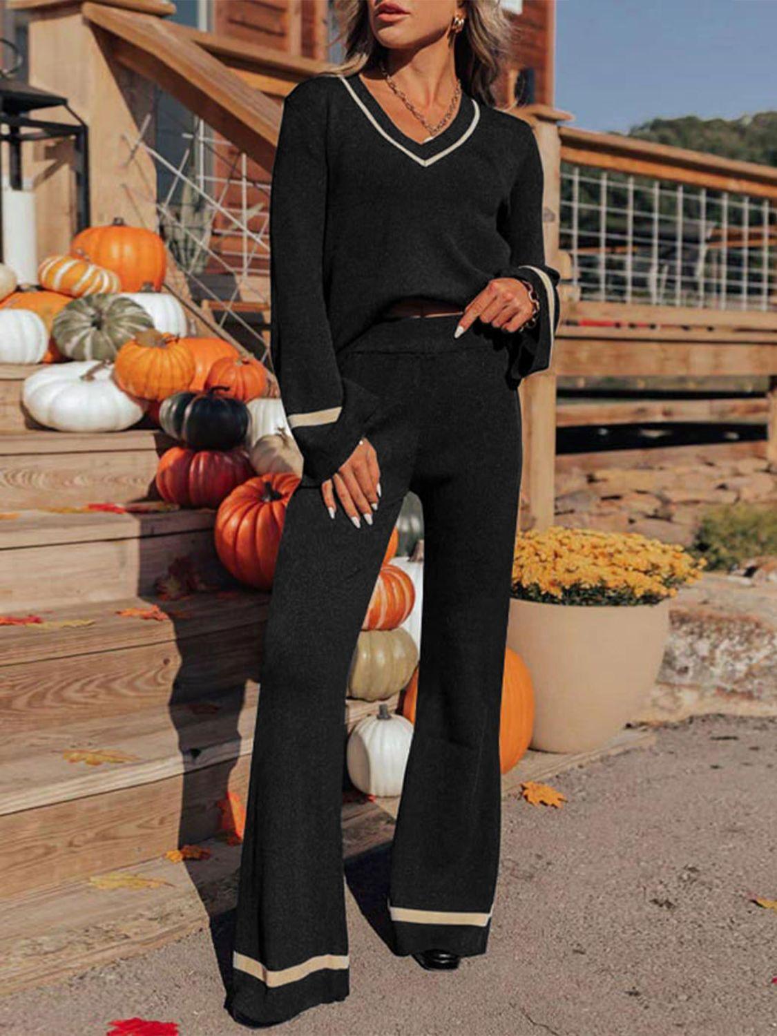 Knit Outfit Set Perfee V-Neck Long Sleeve Top and Pants Set Black c880f493-7999-4d2f-8d82-1612d0d70d43-Max Trendsi