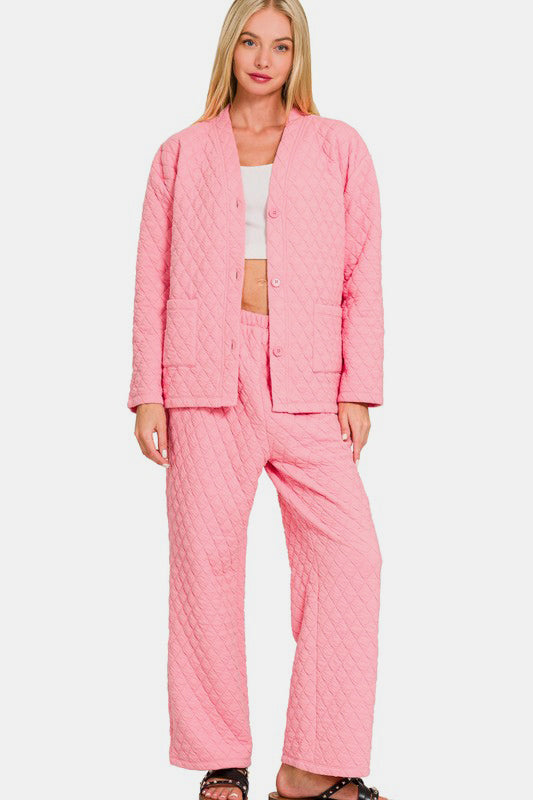 Zenana Quilted Lounge Set Dk Pink Button Up Long Sleeve Top and Pants 2 Pcs