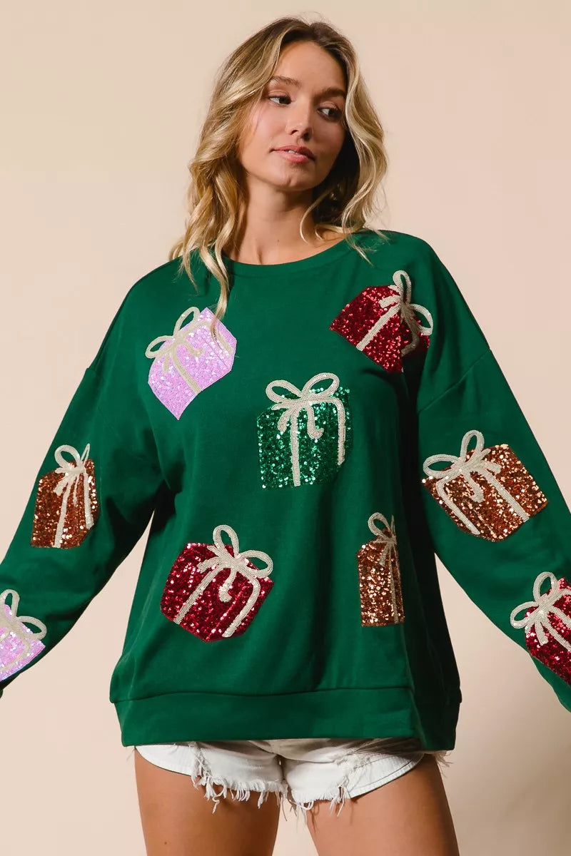 BiBi Pullover Sequin Christmas Gift Box Embroideries Green Womens Sweater c88ad10906d4408186fb0c80ea2e5a29-Max-Origin Trendsi
