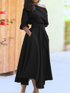 Boat Neck Midi Dress with Tie Waist and Side Slit