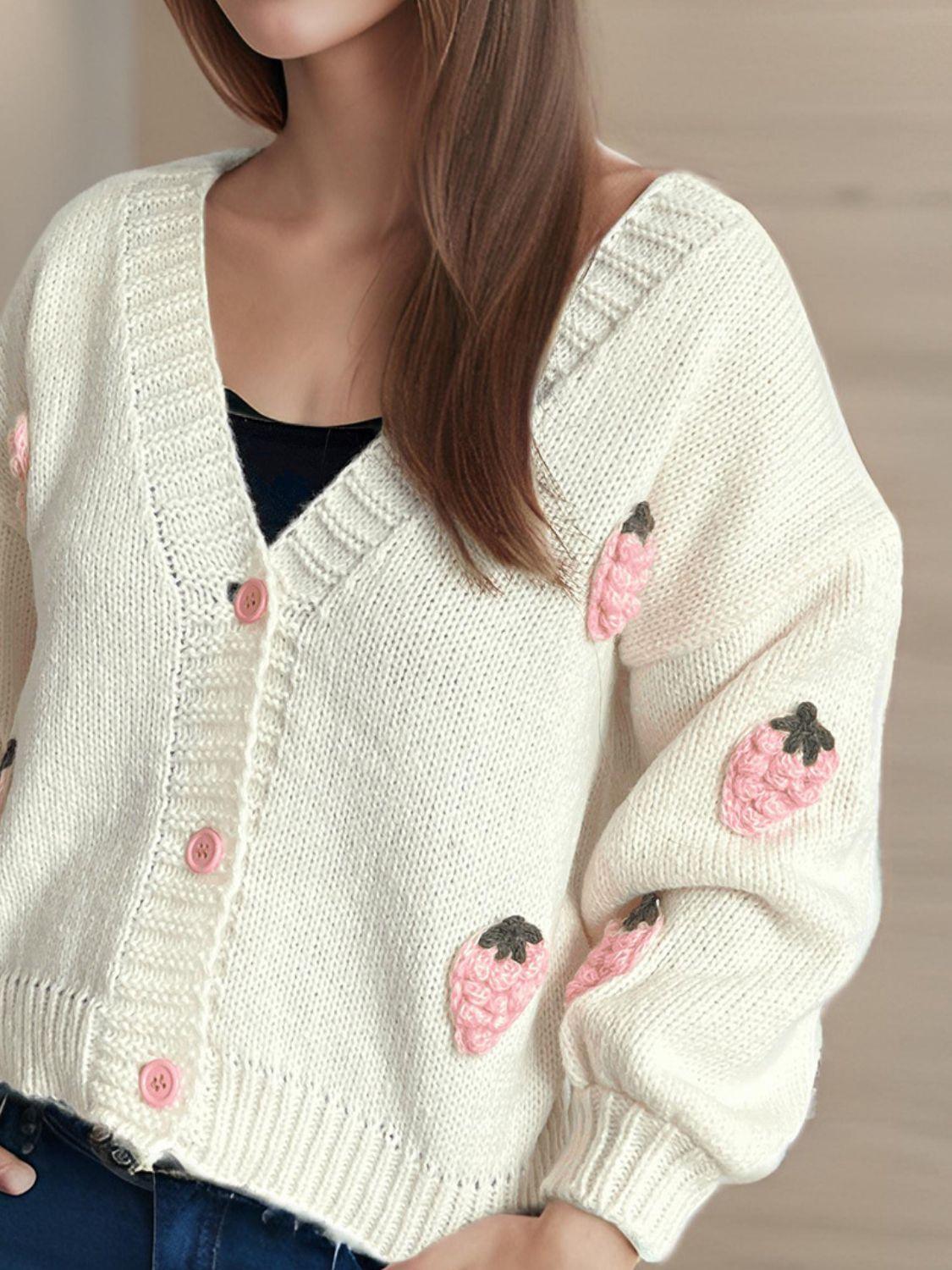 Crochet Cardigan Strawberry Embroidery V-Neck Long Sleeve Knitwear c88dc721-0eec-405e-9f16-f42a5e925376-Max Trendsi