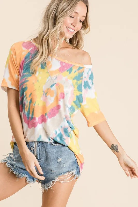 BiBi Tie Dye Print Short Sleeve T-Shirt with Raglan Sleeves c88ec7c092514ba1bcf61e5662327e00-Max-Origin Trendsi