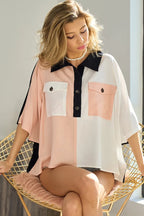 BiBi Top Pink Color Block Quarter Neck Short Dolman Sleeve Front Pockets c89b0c8553444c4480a1206b101bfe3f-Max-Origin Trendsi
