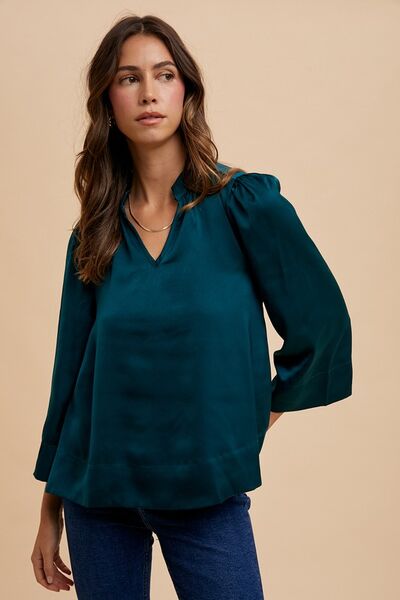 Annie Wear Satin Blouse V Neck Notched Long Sleeve c8a18827-f528-440f-90ef-bf2b62bda21e-Min Trendsi