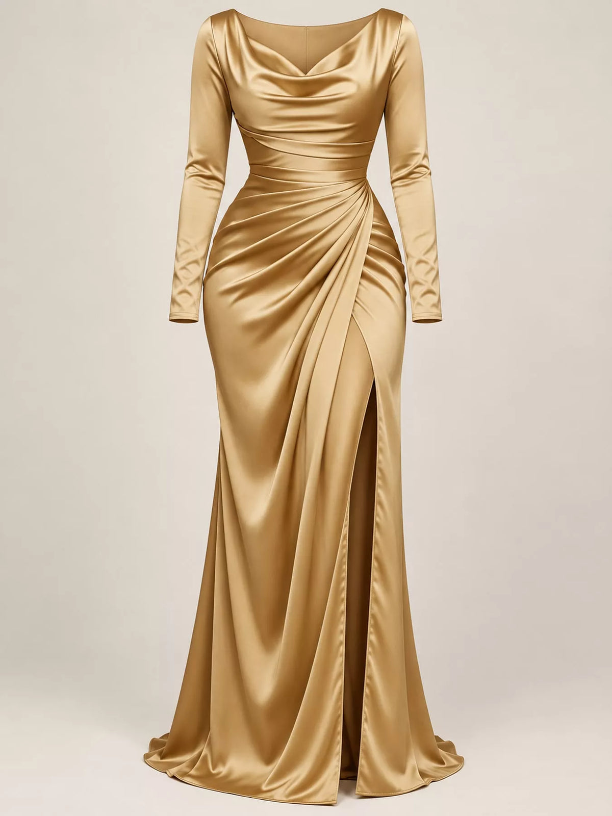 Studioaufnahme des goldenen Bodycon-Kleides: Cowl-Drapierung, seitliche Raffungen und glatte Polyester-Textur